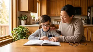 Mother helping a boy wearing glasses read a workbook at a kitchen table