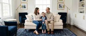 Family of three sitting on a couch in a modern living room. The family is smiling and looking at the camera. The couch is beige with blue cushions. The room has white walls, wooden floors, and various pieces of furniture including a coffee table, chairs, and shelves with picture frames.
