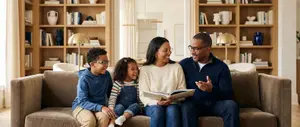 A family sitting on a couch, reading a book