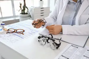 A woman in a white coat is adjusting glasses while working in an office.