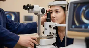 An optometrist is using an ophthalmoscope to check a patient's eye.