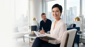 A woman sitting on a chair and reading a book while a man sitting on a couch behind her looks at her smiling.