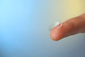 A finger holding a clear contact lens against a blue and yellow background