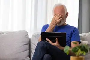 An older man sitting on a couch with a tablet in his hand, he is holding his face with his hand, possibly feeling stressed or frustrated.