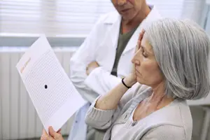 A woman is sitting in a chair in a medical clinic and is looking at a piece of paper with her eyes closed. A man wearing a white coat and a bracelet is standing behind her and seems to be looking at the woman. The woman is holding a piece of paper with a black dot in the middle, probably a vision test chart. Behind them is a white wall with a radiator and a window with blinds.
