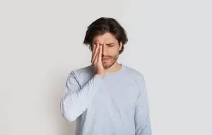 A man with a hand on his forehead looking tired