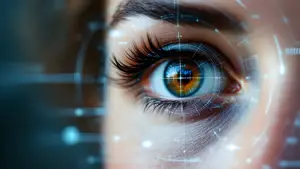 Close-up of a woman's eye with a blue iris and brown pupil, illuminated by light, with a futuristic design overlay in the background.