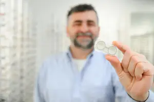Close up of a man holding a pair of contact lenses