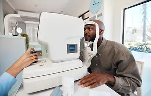 A man is sitting in front of an eye examination machine while an individual adjusts the machine.