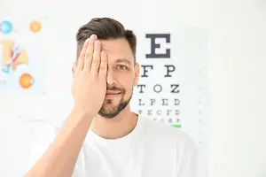 A man touching his forehead and looking towards the camera with an eye chart in the background.