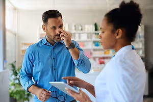 A man rubbing his eyes and a woman speaking to him in a pharmacy