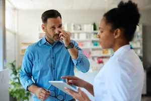 A man rubbing his eyes and a woman speaking to him in a pharmacy