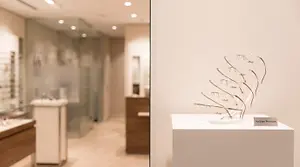 Image of an Austrian Precision eyeglasses display in a store with a glass wall and other displays in the background