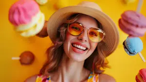 Smiling woman wearing a hat and sunglasses, surrounded by colorful macarons on sticks against a bright yellow background.