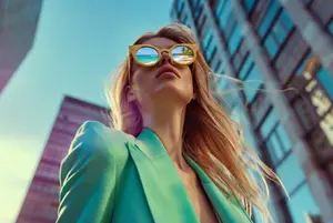 A woman with blonde hair wearing a green blazer and sunglasses standing in front of a tall building with glass windows