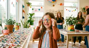 A little girl is trying on glasses in a shop with a woman behind her, and a table with plants and glasses in front of her.