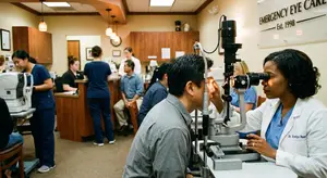 a busy eye care center with doctors examining patients and staff working on the back desk