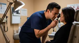 Eye doctor examining a patient with an ophthalmoscope