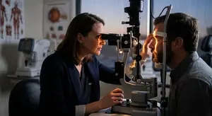 A woman in a blue lab coat examines a man’s eye using an eye exam machine.