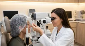 A woman in a white lab coat examines another woman's eyes using a medical instrument in a modern examination room.