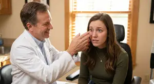 An older male doctor examines the eye of a young woman sitting in a chair.