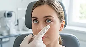 woman having an eye exam in a medical clinic