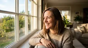 Woman looking out the window of a house and smiling