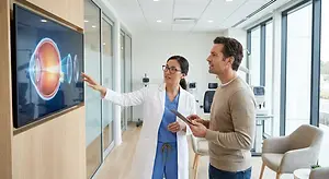 An optometrist and patient looking at a diagram on a monitor in a modern clinic office
