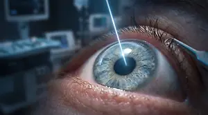 Close-up of a human eye with a laser beam shining on it in a medical setting