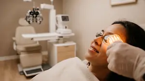 A woman undergoing an eye examination with specialized lighting in a clinic setting.