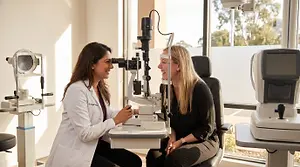 A woman sits in a chair as a doctor uses an ophthalmoscope on her eye.