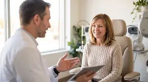 A smiling woman with short blonde hair wearing a white sweater sitting in a chair with a male doctor with a white coat holding a tablet
