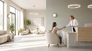 A smiling woman greets another woman in a doctor’s office with a handshake