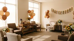 An empty room with balloons and flowers on tables and chairs. The room is empty.