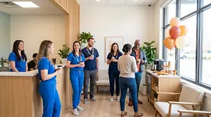 A group of people standing and talking in an office, they are smiling and seem to be enjoying their coffee. There is a desk with a coffee machine, a plate of food, and balloons on the window. On the left side is a chair with a potted plant. On the right side is a person sitting on a chair. The room has a wooden wall and a glass window.