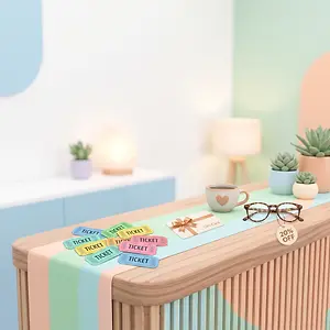 A wooden counter in a modern room with a variety of objects on it, including a cup, a gift card, glasses, and multiple tickets labeled 'Ticket'.