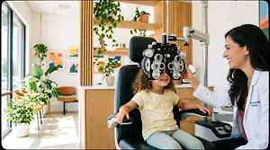 A young girl is sitting in an optometrist chair while a woman holds her chin and looks at her eye. Behind them is a room with wooden shelves, plants, and picture frames on the wall. The room has a glass window and a wooden desk with a potted plant on top.