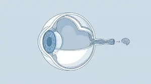 Illustration of an eye showing a cross section of the retina, optic nerve, and brain.
