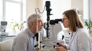 A patient is having their eye examined by an eye doctor using a slit lamp.