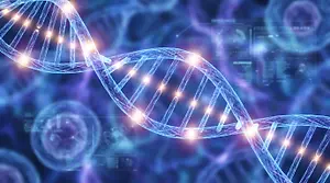 Image showing a DNA structure with glowing lights against a blue and purple background