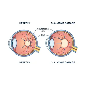 Illustration showing the differences in a healthy eye and an eye with glaucoma damage