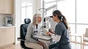 An older woman undergoing an eye exam with a female optometrist in a modern clinic setting.