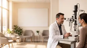a man wearing a white coat is checking a woman's eyes with a device in a clinic