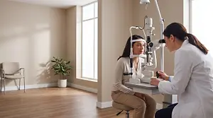 A woman is sitting in front of an optometrist's eye examination equipment.