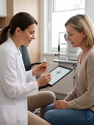 A woman wearing a white lab coat consults with a patient using a tablet in a medical office.