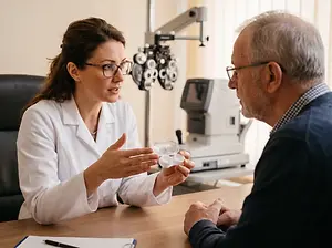 A woman doctor explaining a medical issue to an elderly man wearing glasses