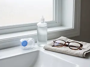 A bottle of eye drops, glasses, and a contact lens case on a bathroom counter with a sink and window in the background.