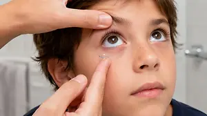 A person is putting a contact lens on a boy's eye.