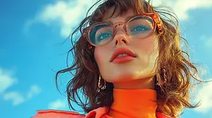 Woman with brown hair wearing orange-framed glasses and orange top posing for a photo under a blue sky