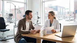 A man and woman sit at a desk in an optometrists office.